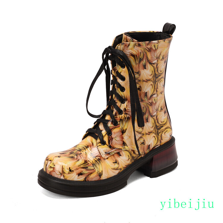 Women’s Mid Cuban Heel Ankle Boots Knight Printed Casual Lace Up Winter Shoes