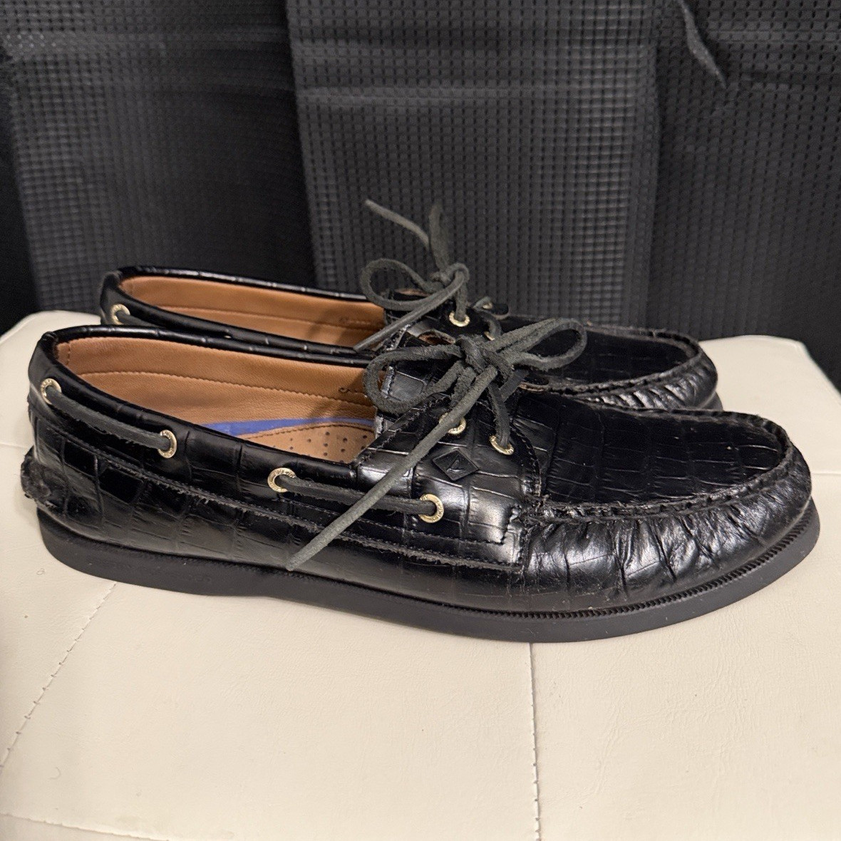 Sperry Women’s Boat Shoes Black Leather Crocodile Pattern Lace-Up Round Toe 11