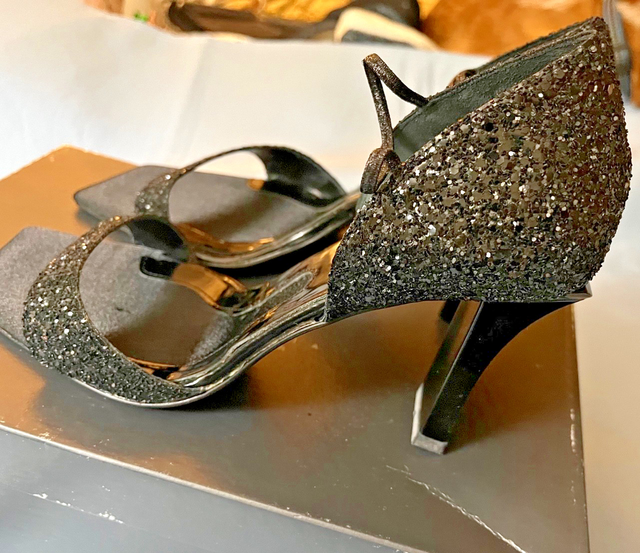 NIB Max Azaria Glitter evening shoes style Rain size 7 1/2 B – 3 1/4 inch heel