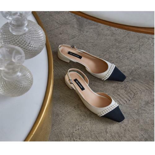 Women Classic Pearl Two Tone Leather Slingback Heels Square Toe Shoes Formal