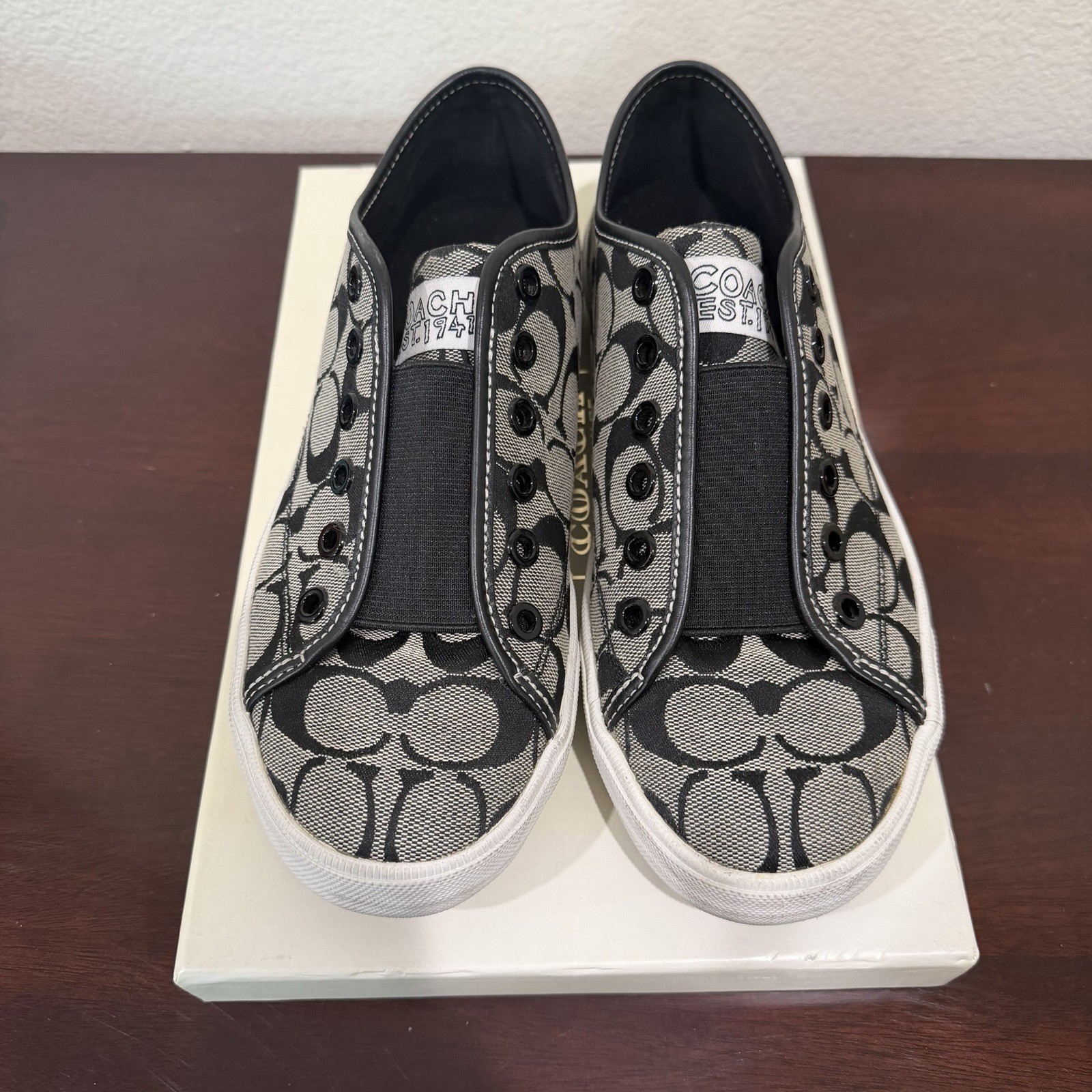 Coach Women’s BEV Black & Gray Monogram Laceless Slip-On Sneaker Sz 8M W/ Box