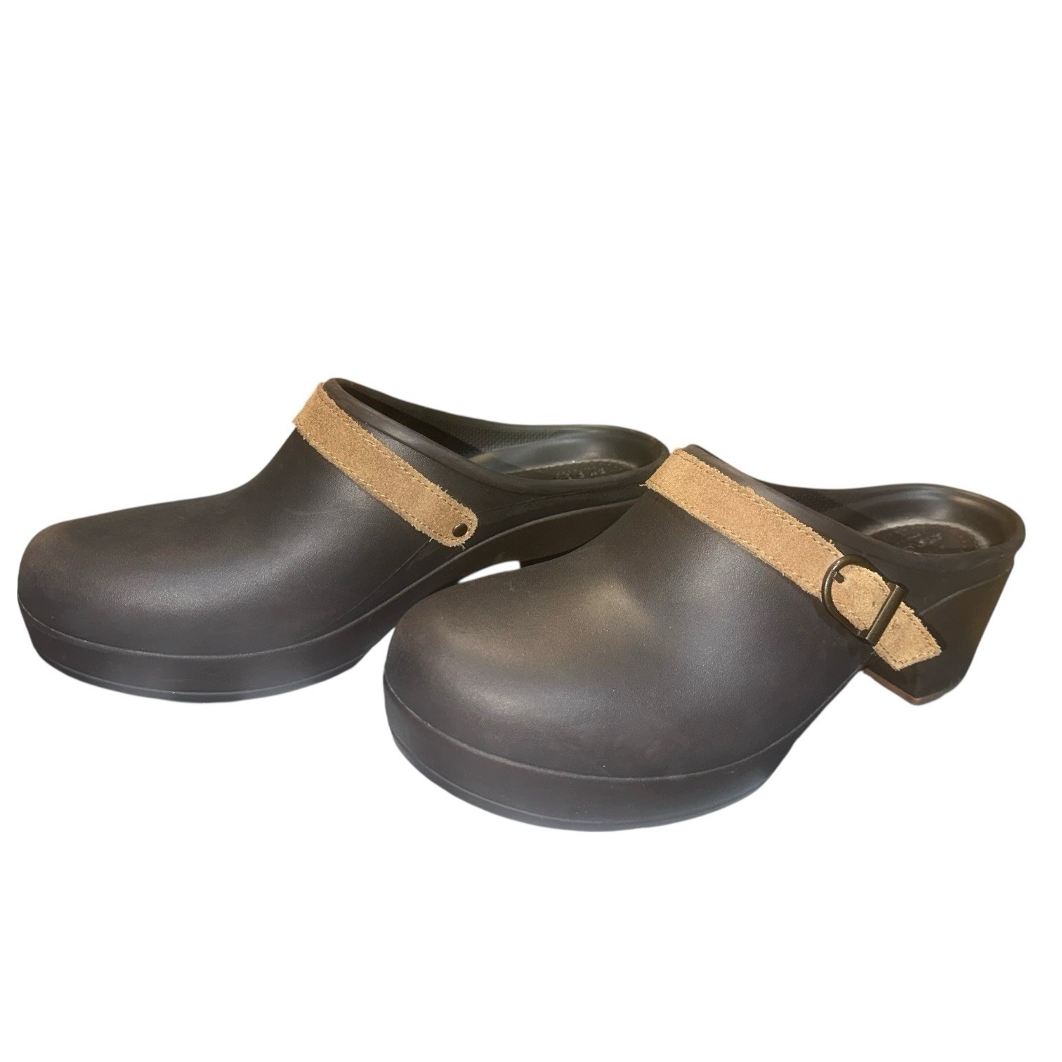 Crocs Sarah Expresso Brown Mule Rubber Block Heel Slip-On Comfy Shoe (W8)