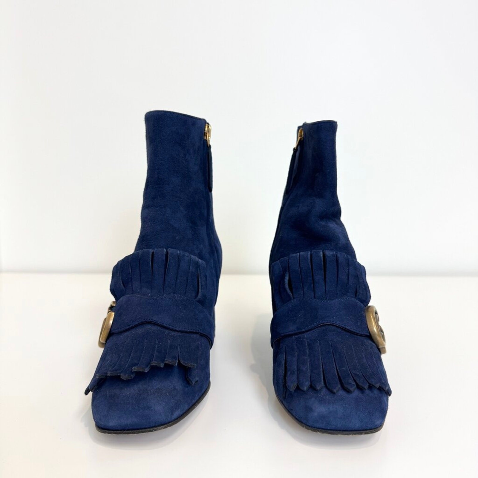 Gucci Blue Suede GG Marmont Ankle Boots with Fringe Detail 36