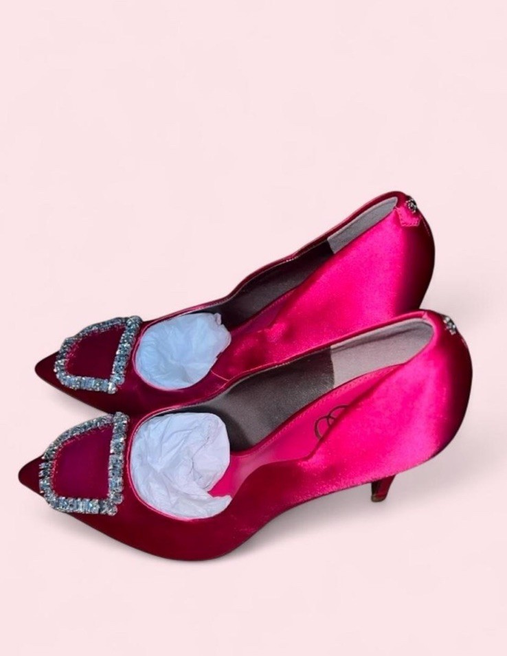 Sam Edelman Harriett Fuschia Satin Rhinestone Embellished Pumps Heels Size 8.5