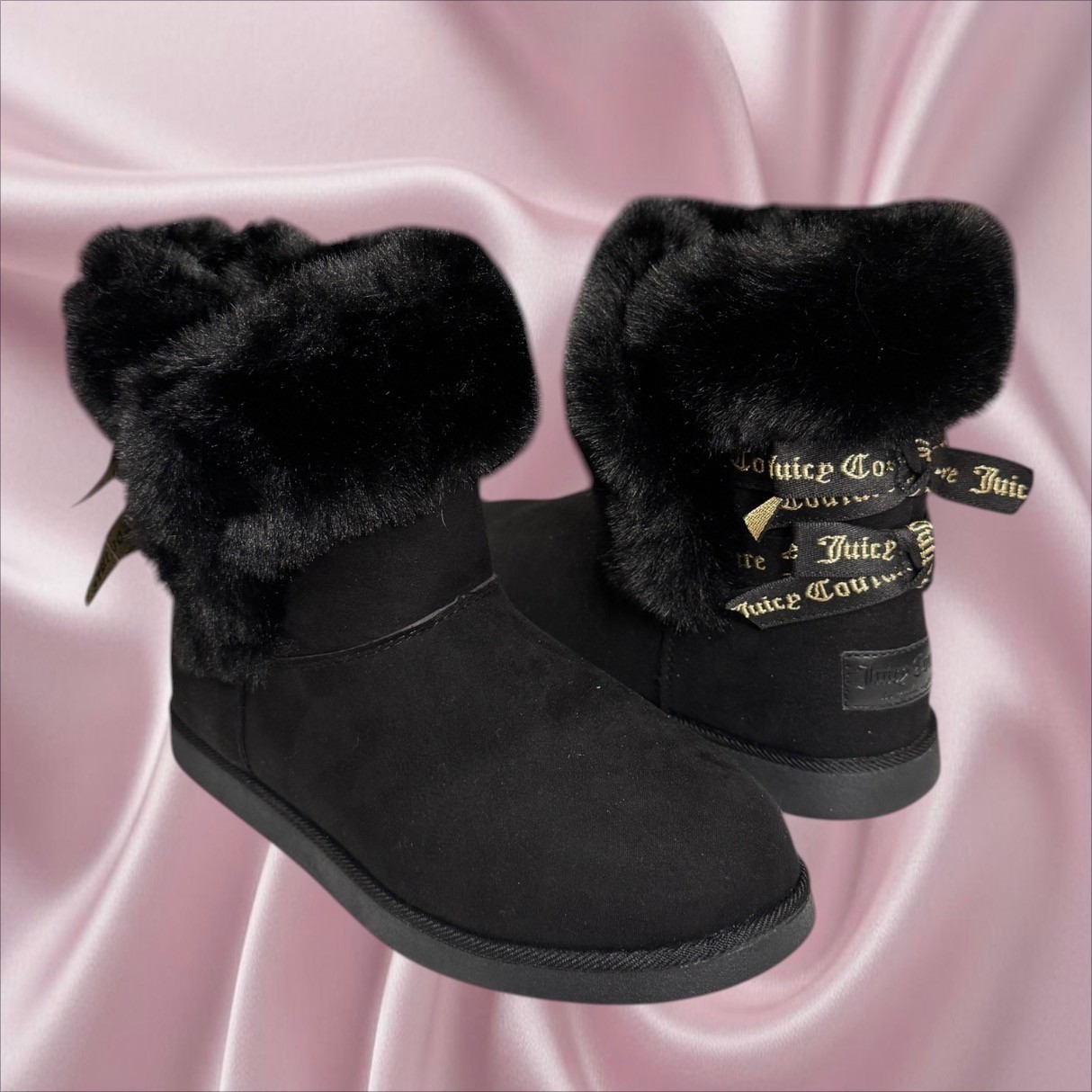 Juicy Couture Black Faux Fur Bow Mini Boots Cozy Y2K Size 9 Coquette Grunge