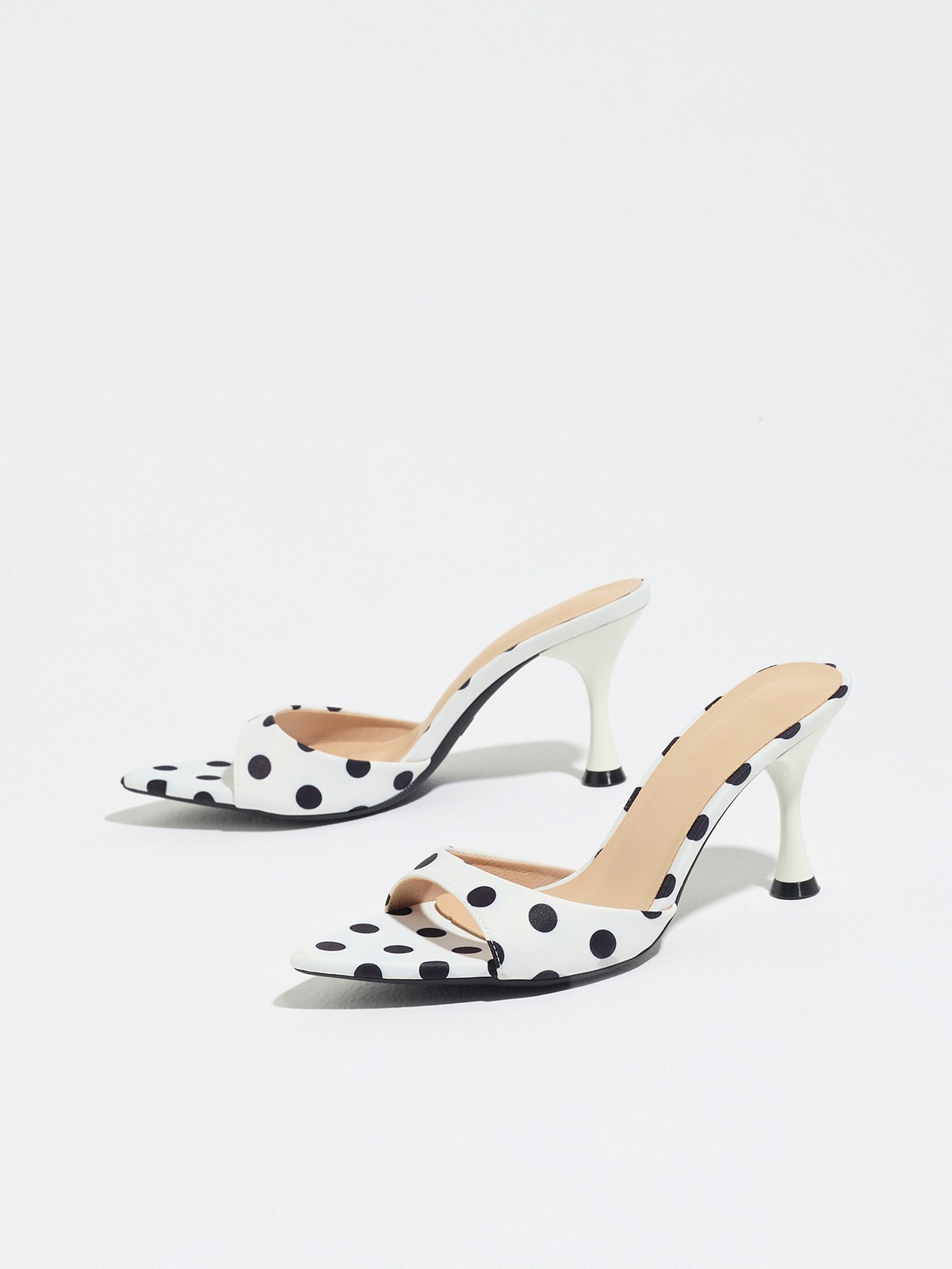 Women Sexy Leather Mid Heels Pointy Open Toe Polka Dot Sandals Shoes Slipper New