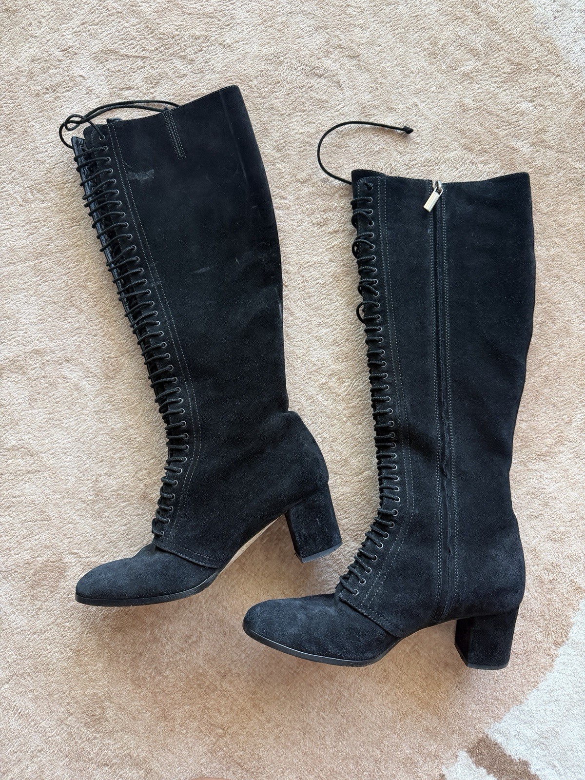Theory Women’s Black Suede Knee-High Riding Boots Lace-Up Zip Almond Toe