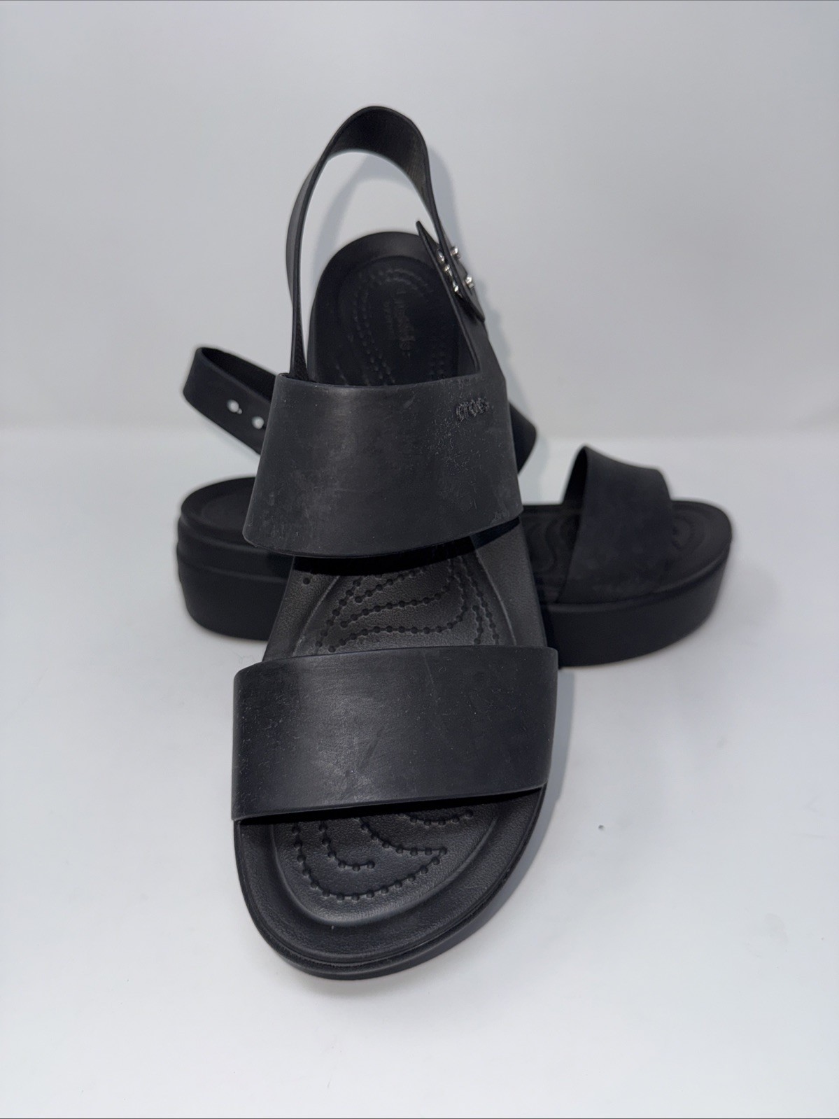 Crocs LiteRide Brooklyn Black Low Wedge Lightweight Adjustable Sandals Size 9