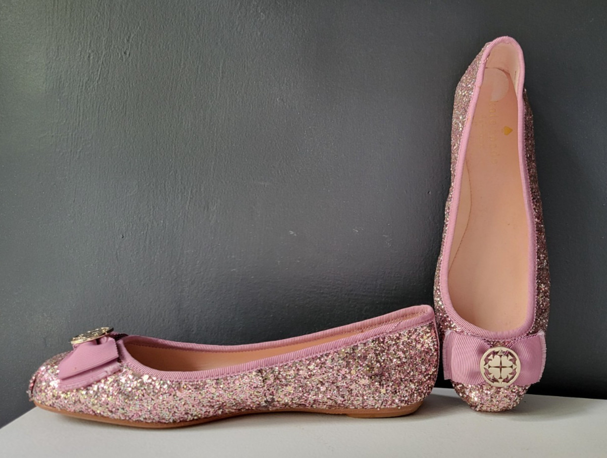 KATE SPADE NEW YORK PINK GLITTER BALLET FLATS w/GROSGRAIN FLAT BOW Sz 6