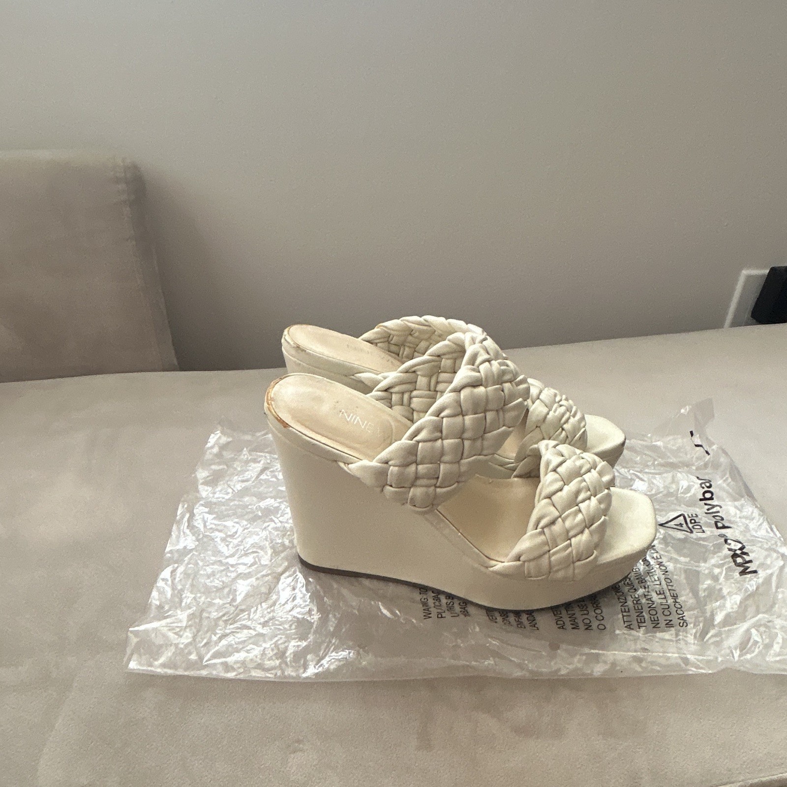 Nine West Women’s Beige Leather Braided Strap Slip-On Wedge Sandals 6