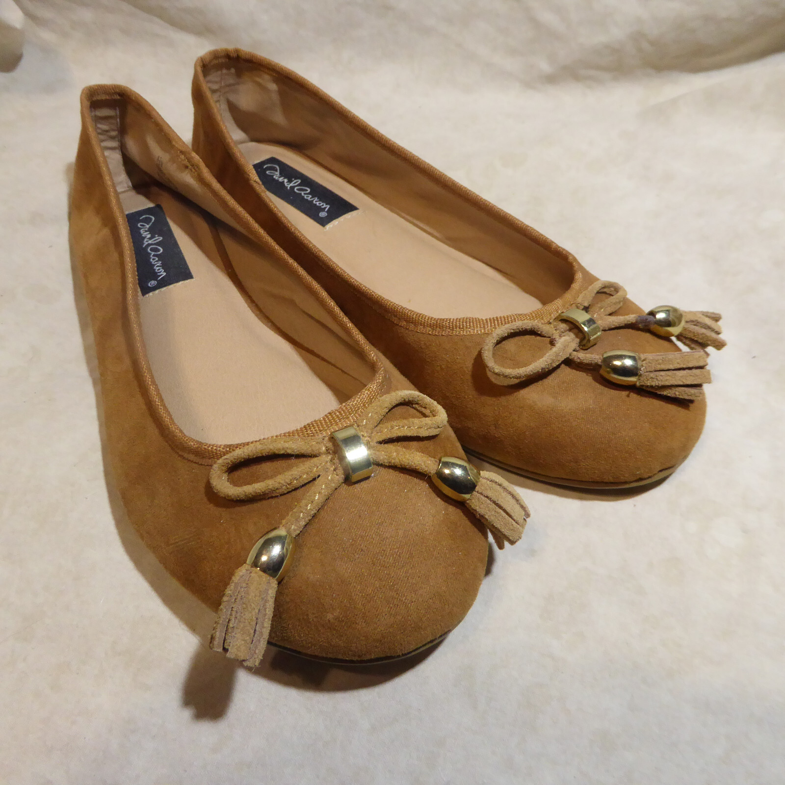 🩰 David Aaron Ballet Flats sz 8.5 M Butterscotch Brown Suede; Tasseled Bows