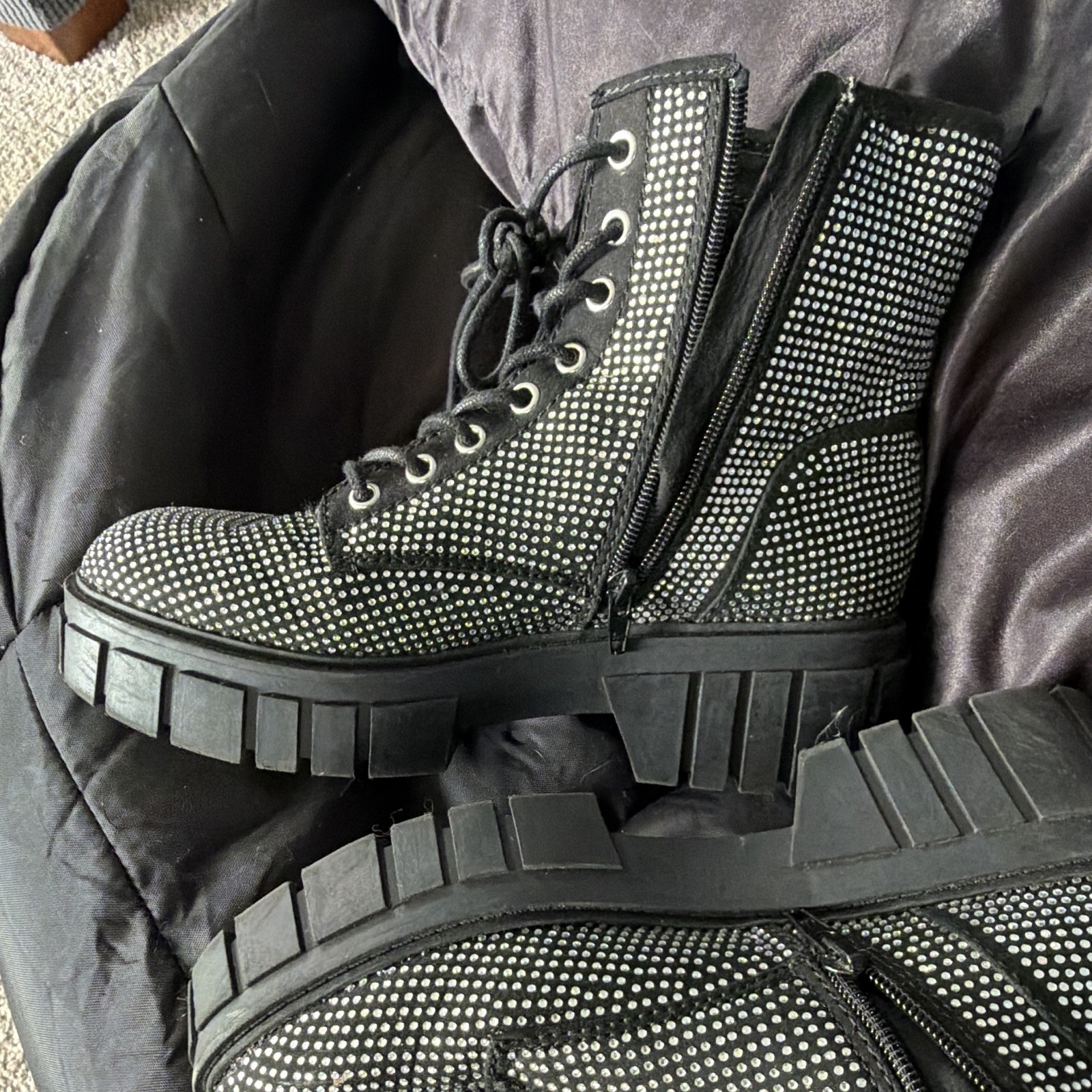 Madden Women’s Combat Ankle Boots Faux Leather Lace-Up Studded Black/Silver 9