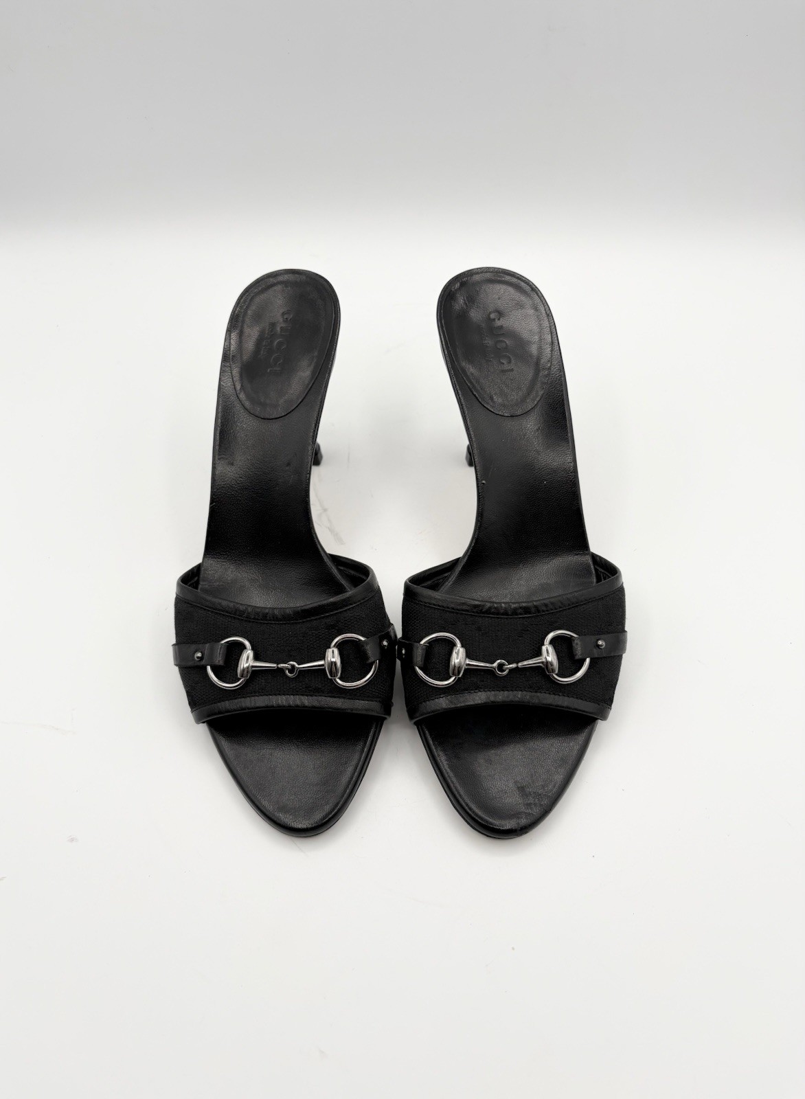 Gucci Black Leather Mules Canvas GG Logo Silver Horsebit Heels Y2K Size EU 35.5