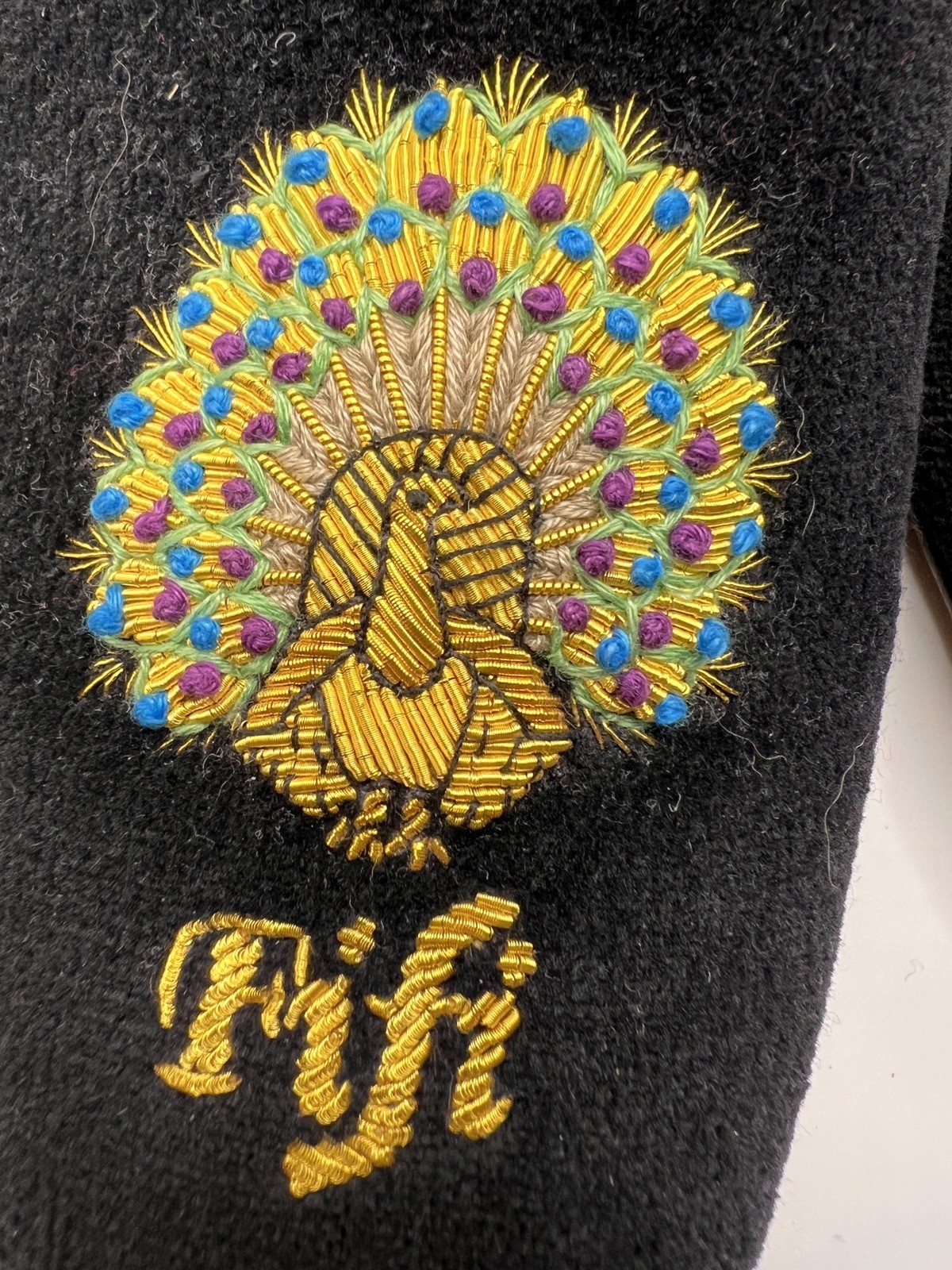 Crockett & Jones Black Embroidery Peacock Velvet Albert Slippers Women Sz 5.5/6