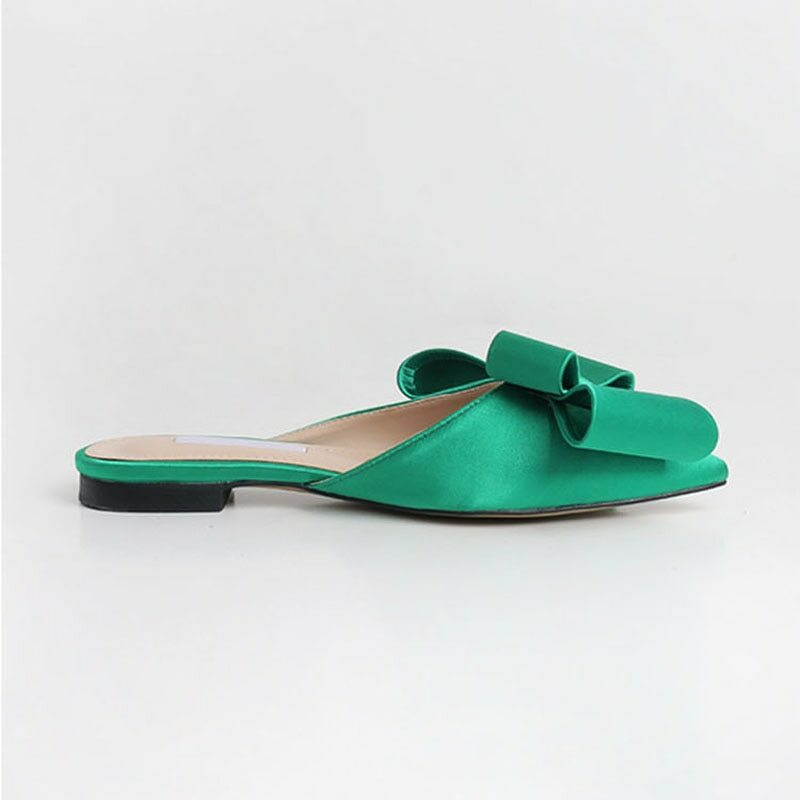 Women’s Silk Satin Pointed Bow Tie Slippers Flat Heel Sets Semi Slippers Shoes