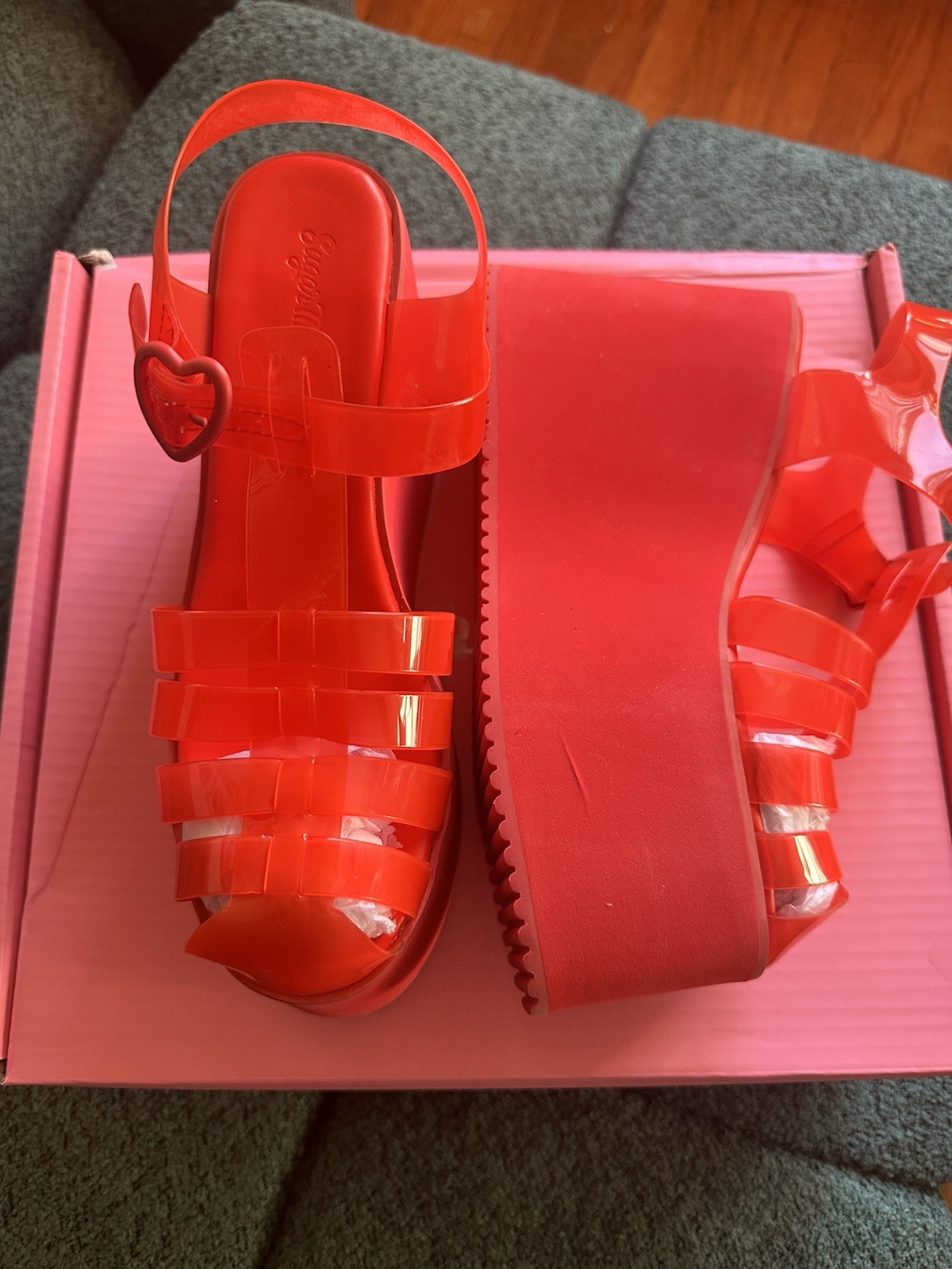 Sugar Thrillz Red PVC Platform Wedge Sandals Ankle Strap Buckle Heart