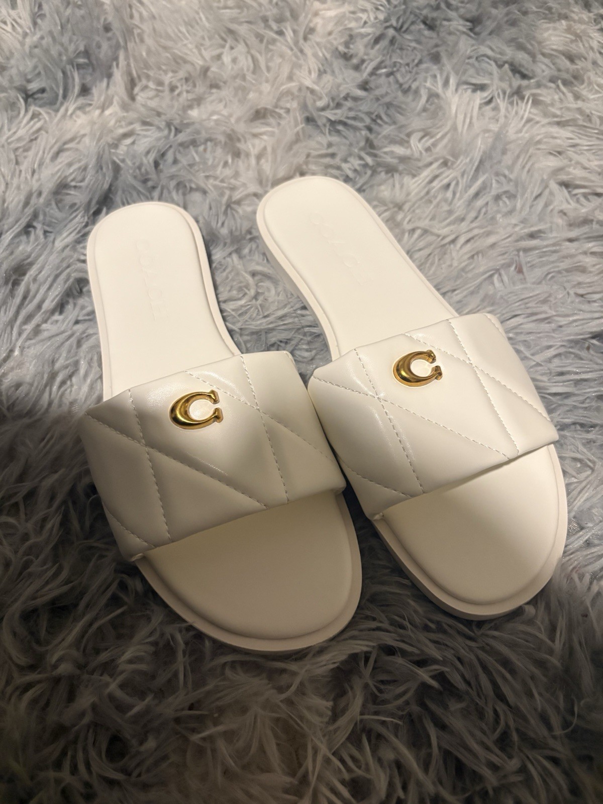 Coach White Quilted Leather Slide Sandals Gold Logo Women’s US 8 EU 38