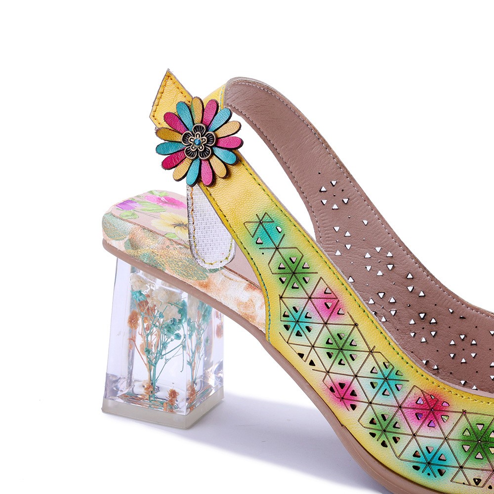 2026 Womens Real Leather Polished Retro Block Heels Hollow Out Flower Sandals