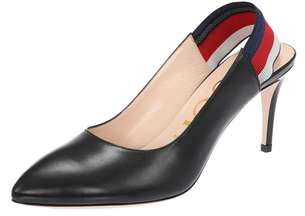 NEW GUCCI WEB SLINGBACK BLACK LEATHER 3.25″ HEELS PUMP SHOES 36/US 6