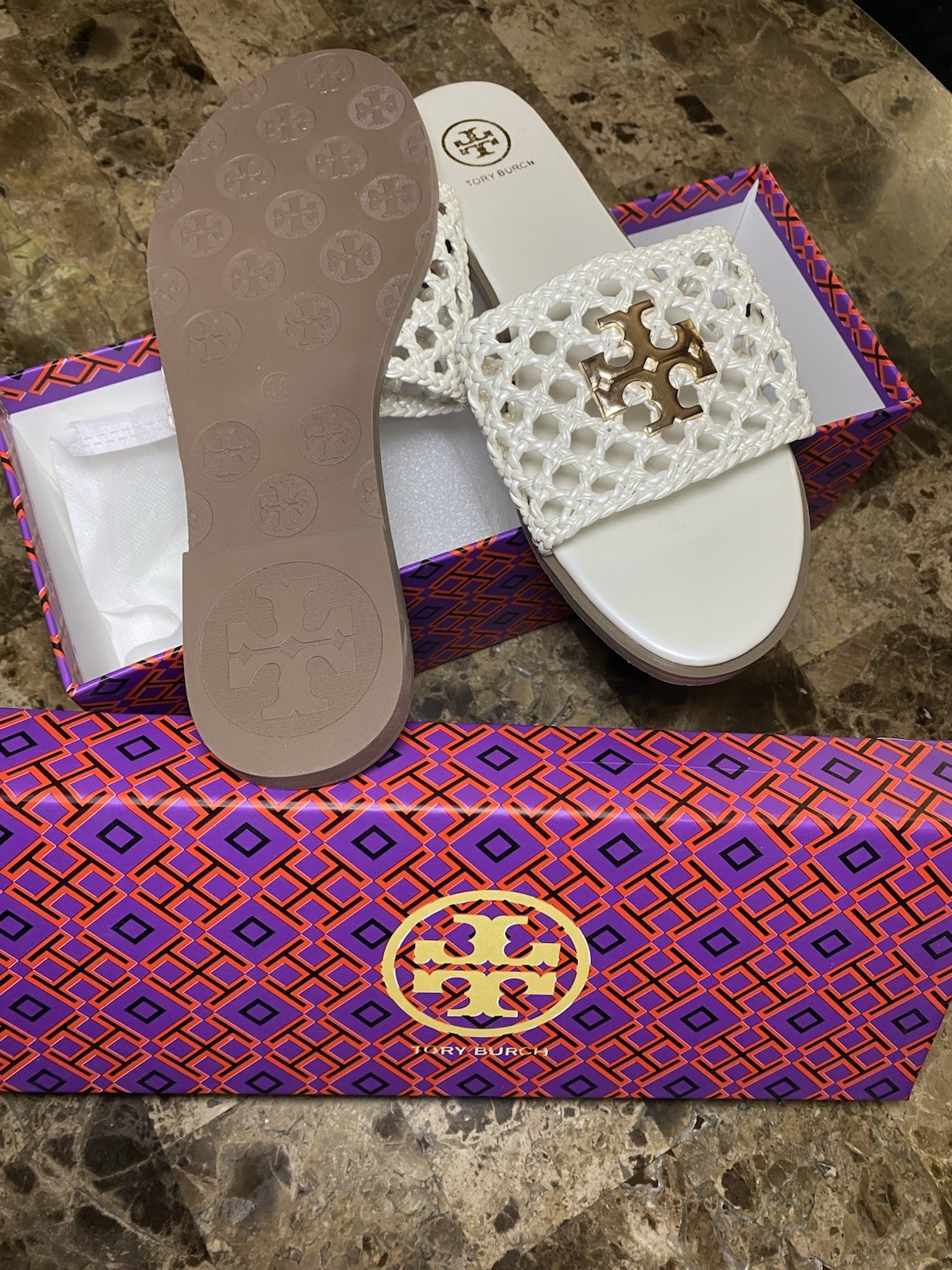 Tory Burch Eleanor Woven Flat Slides In White