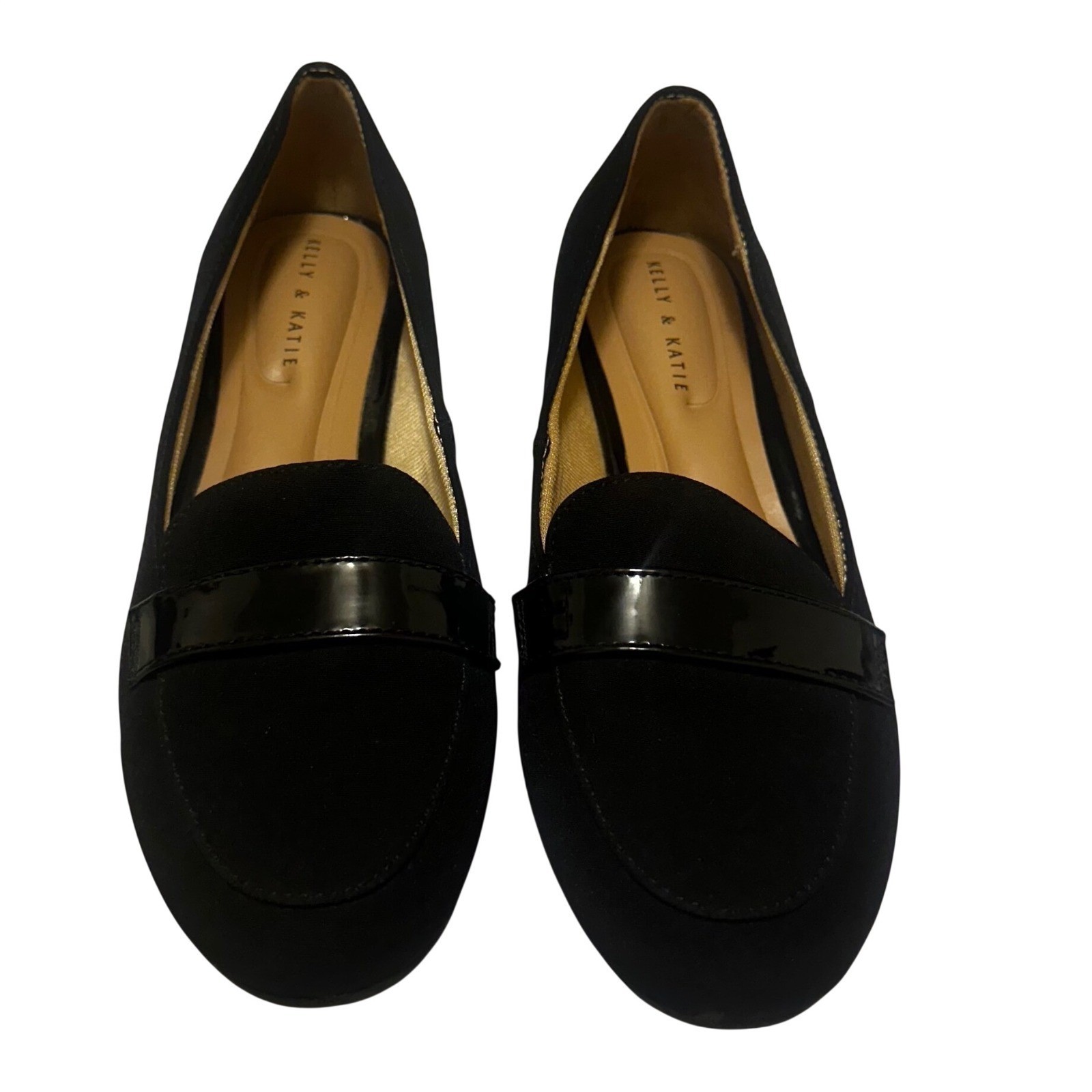 Kelly & Katie Denna Black Textile Patent Strap Loafers Low Wedge Flats Womens 7M