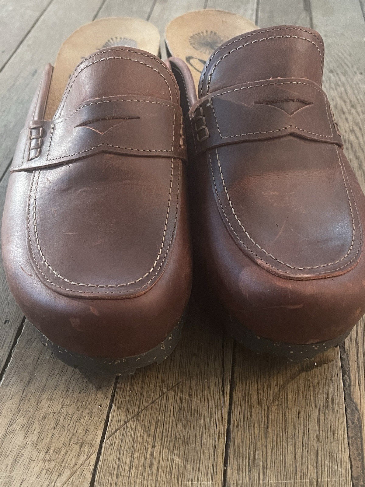 OTBT Homage Leather Penny Loafer Mules Women’s 9M Brown Wedge Clogs Portugal