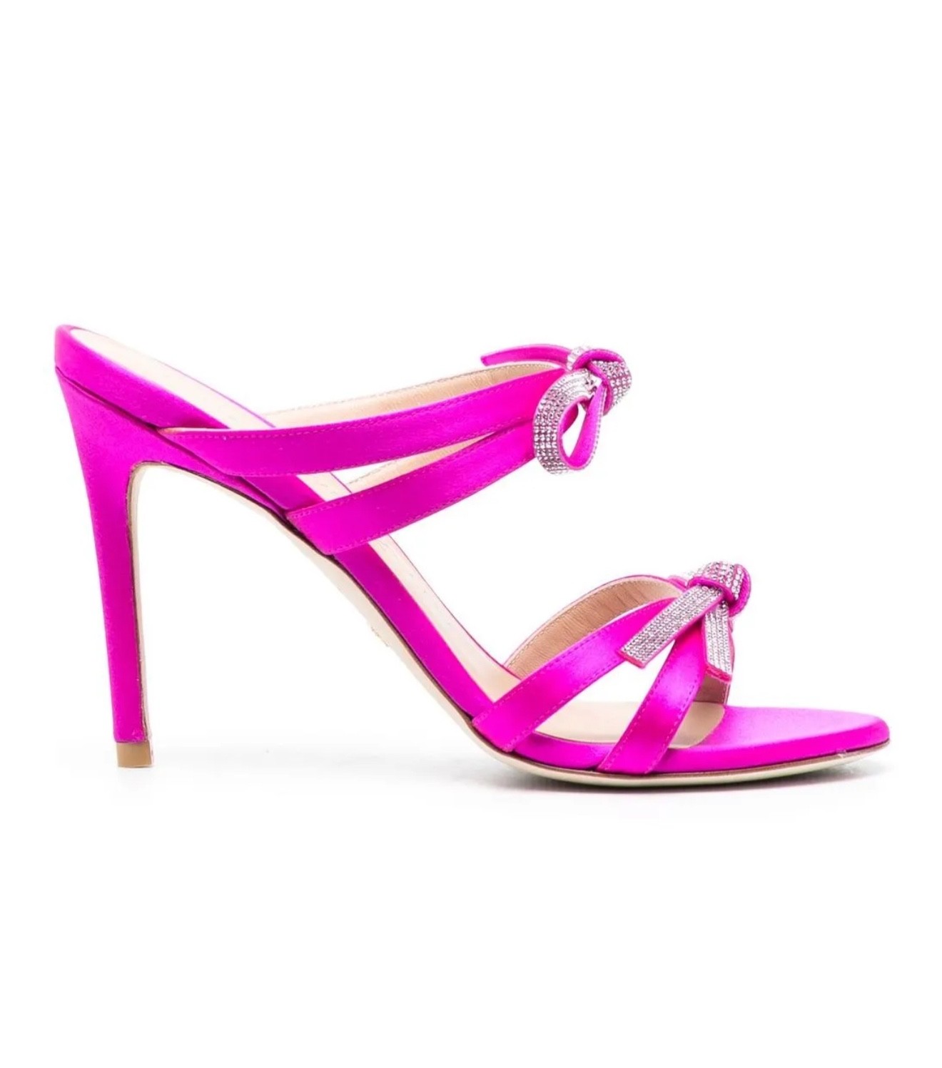 NIB $550 Stuart Weitzman Hot Pink Satin Bow Slide Strappy High Heel Sandals US 8