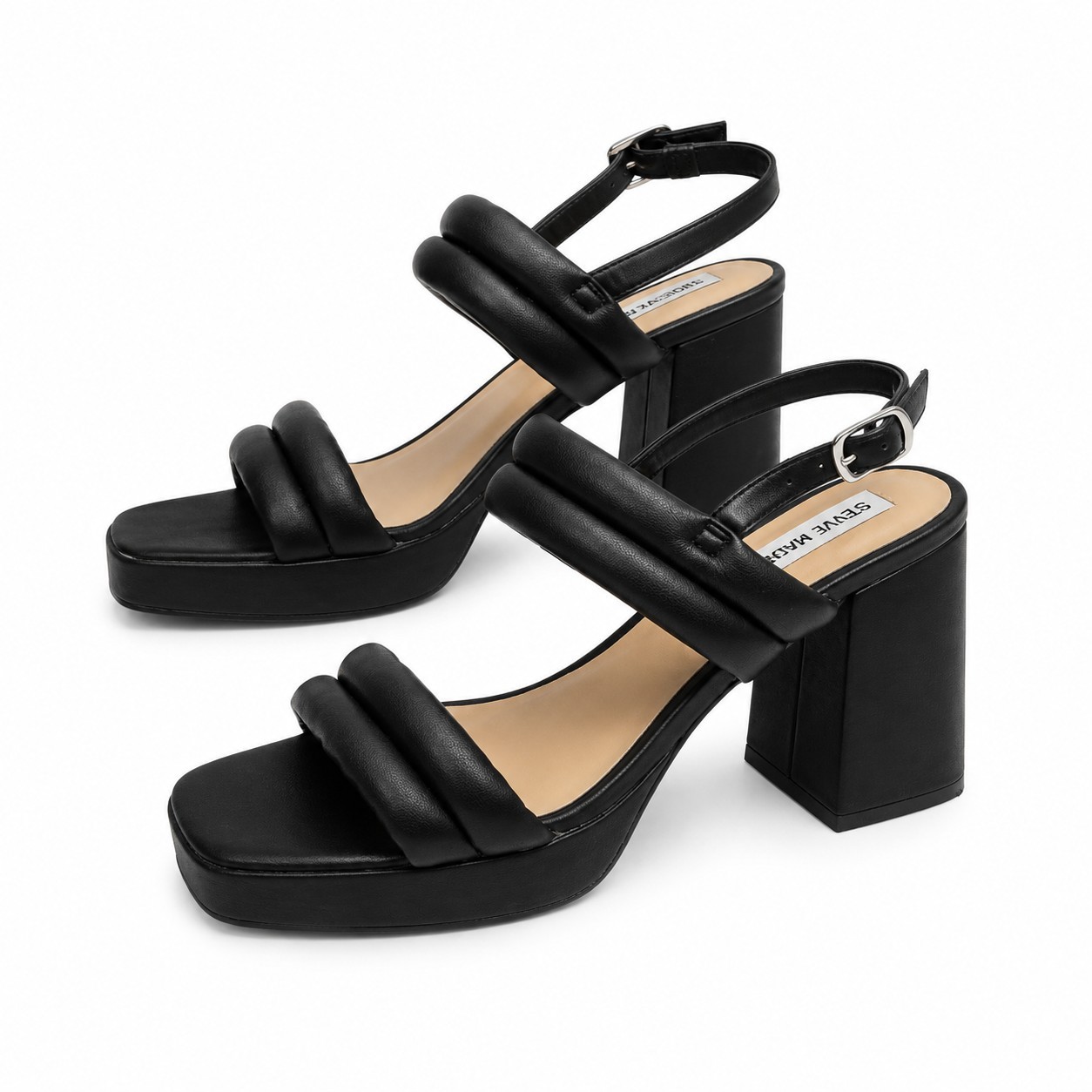 Steve Madden Ezra Black Platform Block Heel Sandal Womens 8.5 Puffy Straps EUC