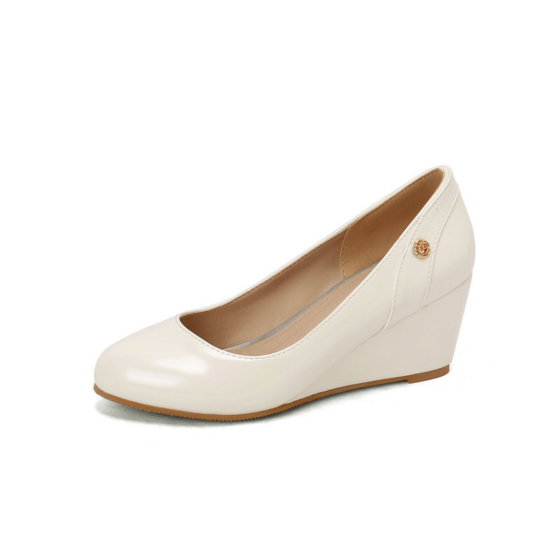 Womens Slip on Pumps 6.5cm High Wedge Heel Shoes Round Toe Patent Leather Ladies