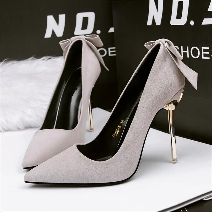 Metal Heel Sweet Bowknot Women Shoes Autumn Shallow Concise Flock High Heels