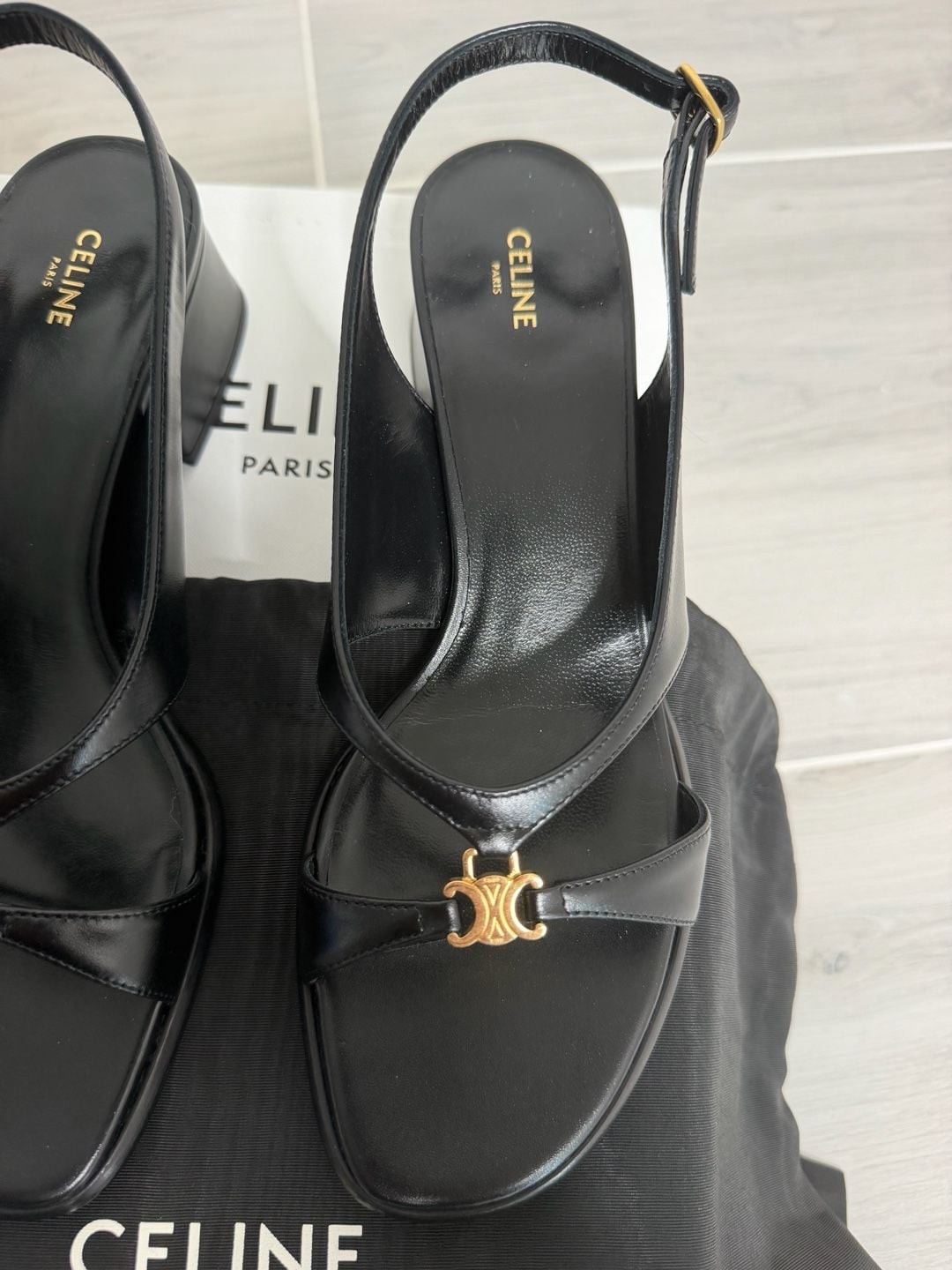 New CELINE Clémence Triomphe Slingback Sandals 40 Black Calfskin Leather