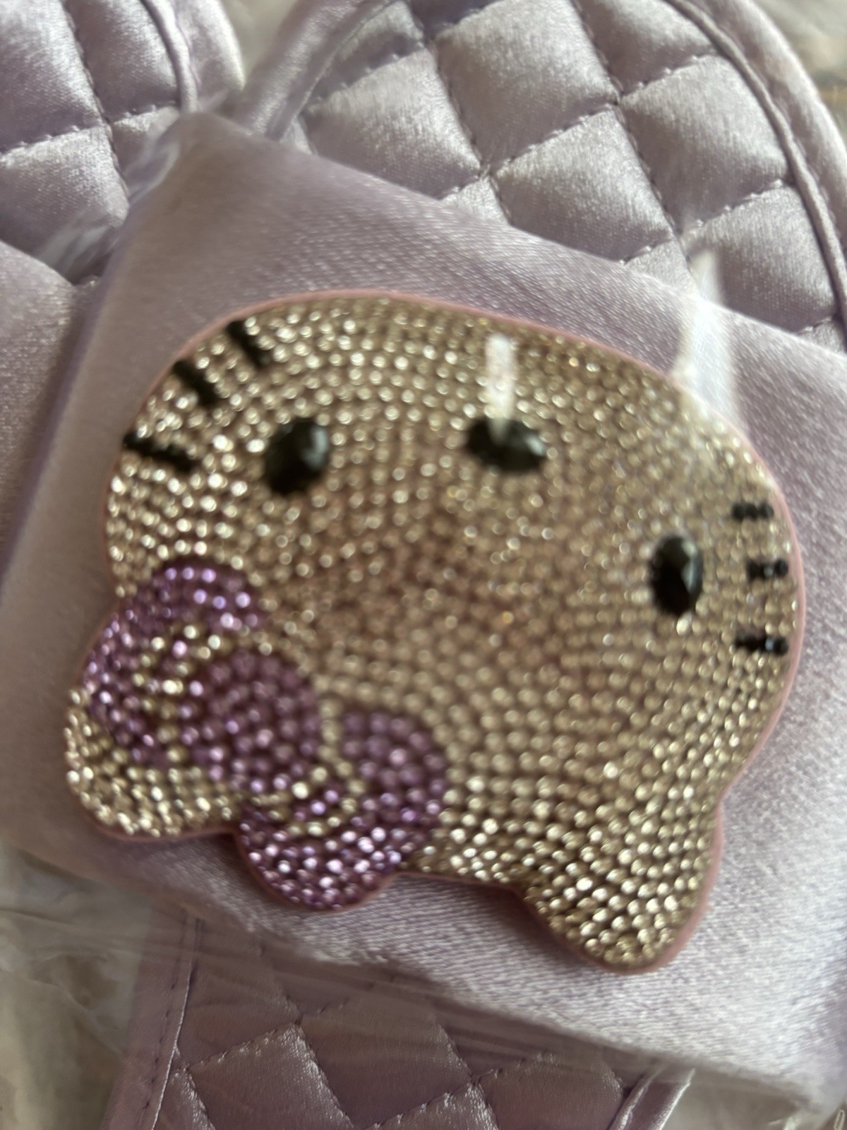 Kawaii Purple Satin Quilted Slippers Rhinestone Cat Coquette Y2K House Shoes