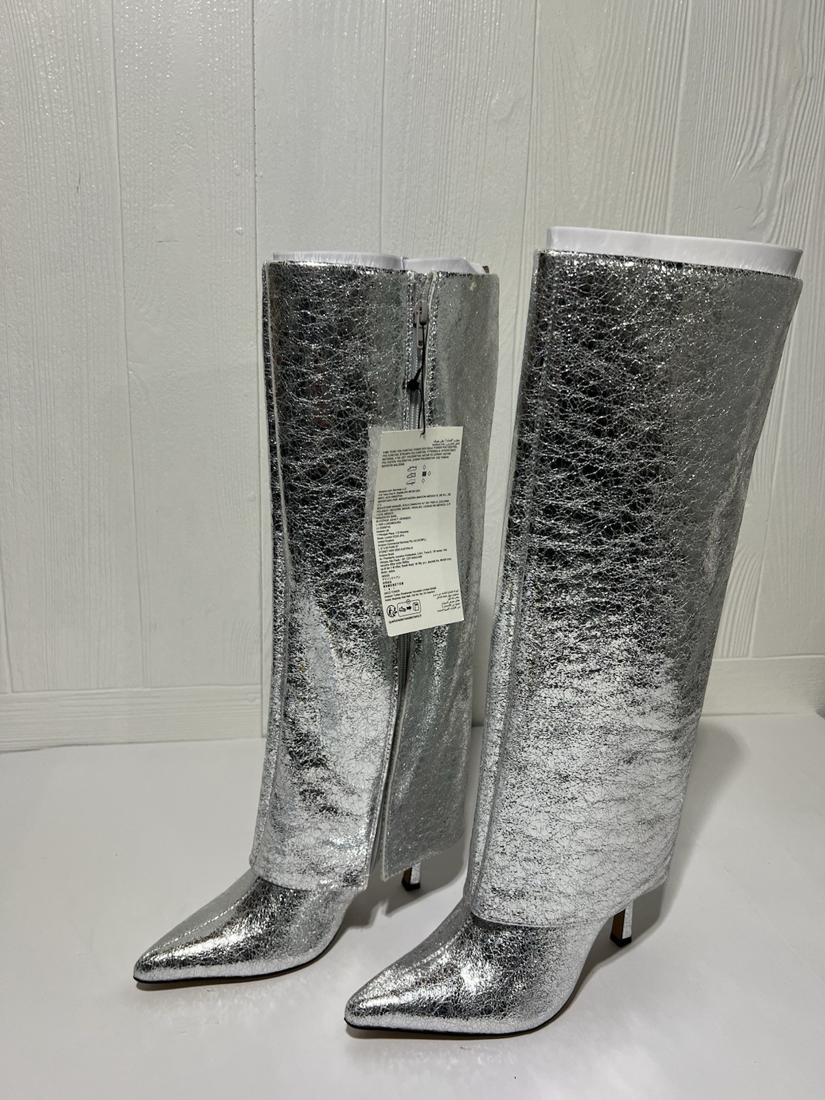 The Drop Women’s Jolene Fold Over Tall Boot Size 7 Sliver Crackle 3.6 “ Heel