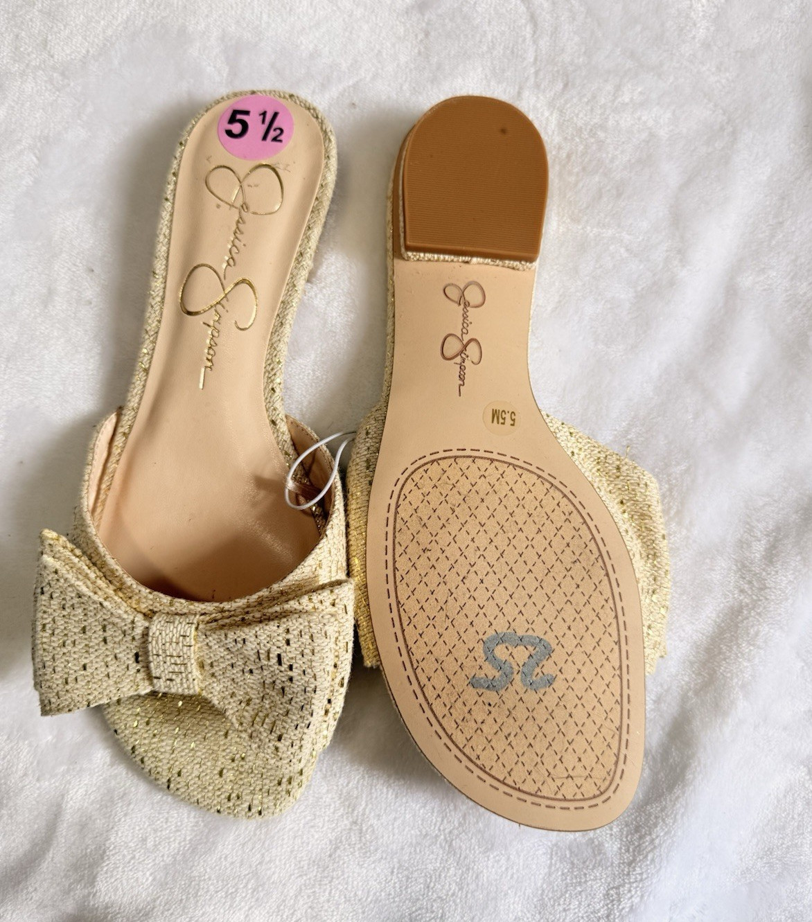 Jessica Simpson Women’s Metallic Gold Bow Slide Slip-On Sandals US 5.5