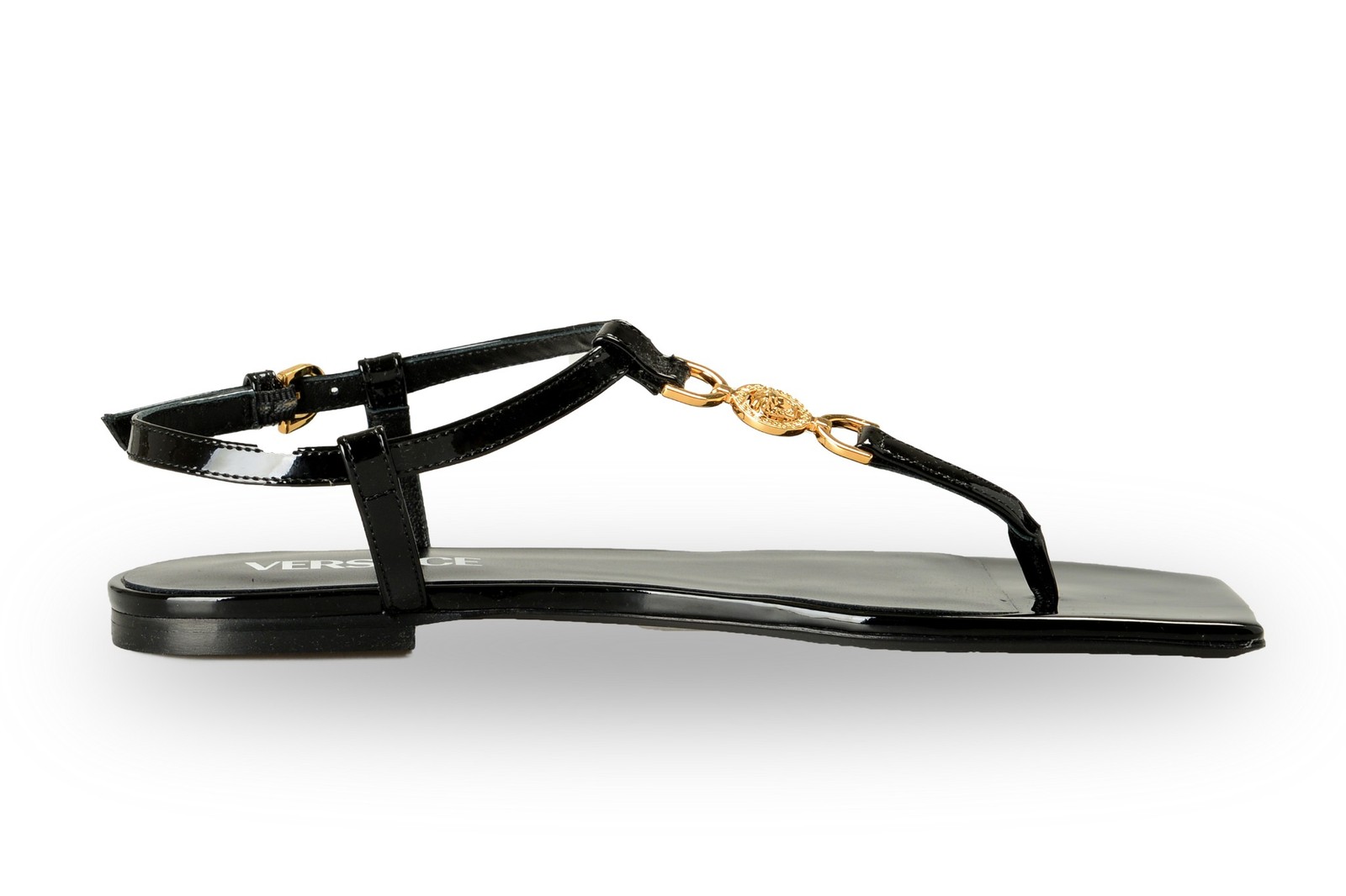 Versace Women’s Black Patent Gold Medusa Leather Flat Sandals Shoes US 6 IT 36