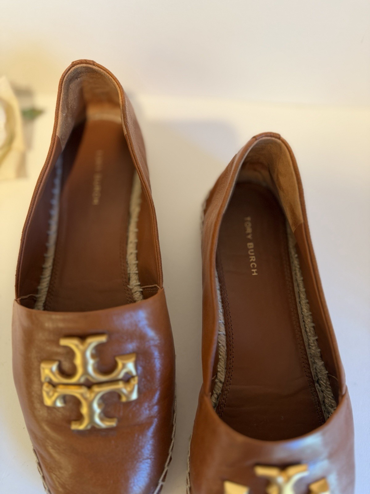 Tory Burch Eleanor Calf Leather Espadrille Flats Bourbon Gold Size 10 Box