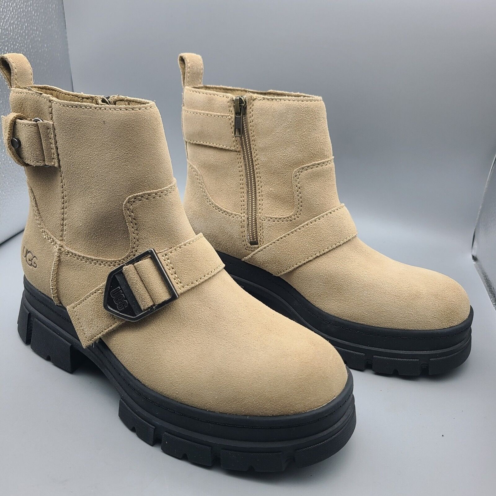 Ugg Ashton Boots Ankle Straps Buckle Zip Rugged Sand Suede Women Sz 8 39 New