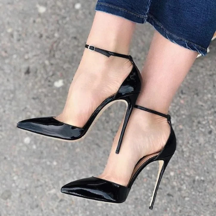 Black Patent Leather Stiletto Heels Pointy Toe Ankle Strap Pumps ws1912018