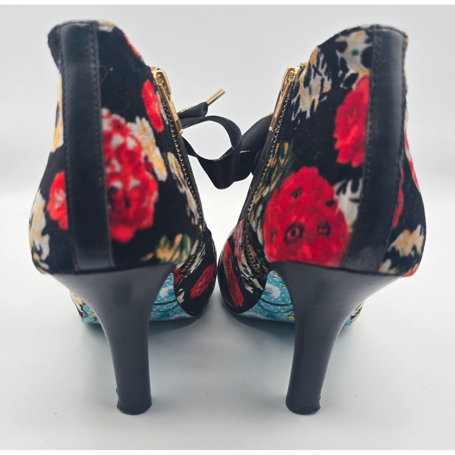 Irregular Choice Floral Velvet Ribbon Lace Ankle Boots Gold Polka Dot EU40 US 9