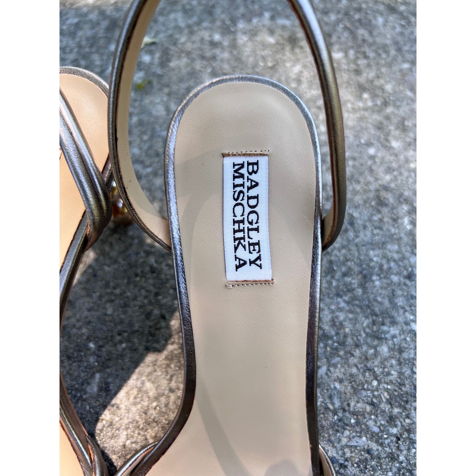 BADGLEY MISCHA Belen Heeled Light Bronze Metalic Leather Sandal Sz 10 NWOT