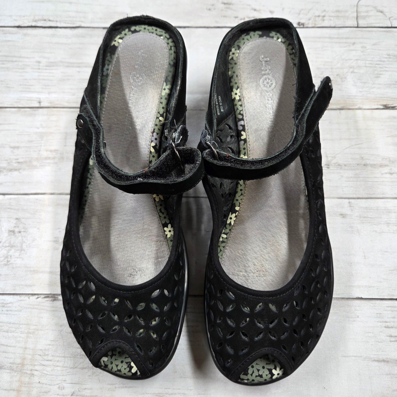 J-41 Adventure Co Wedge Sandals Women 10M Black Journey Leather Laser Cut Floral