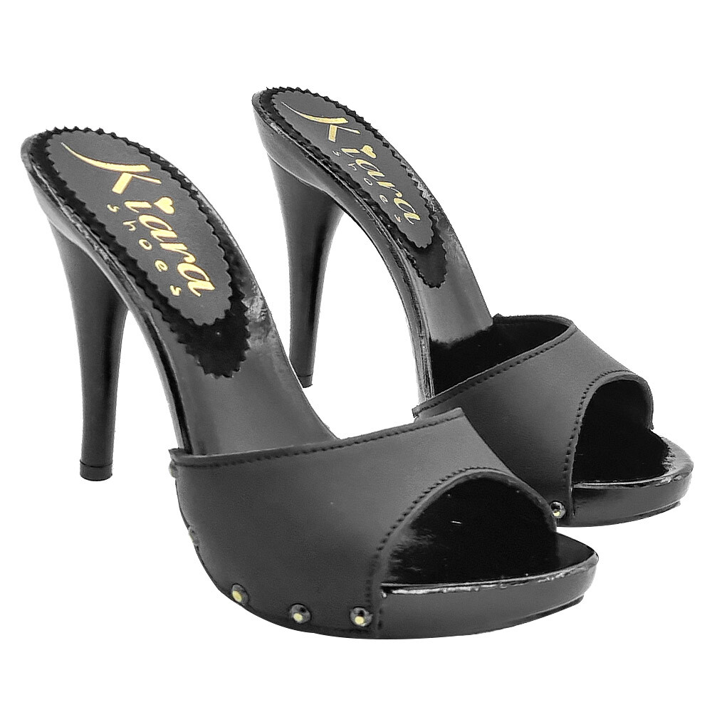 Black Clogs With Leather Strap And 12 CM Heel – Made In Italy – KM753001 BLACK