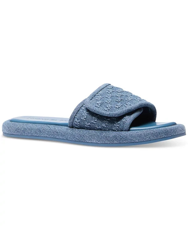 MICHAEL KORS SUKI MK LOGO WASHED DENIM ADJUSTABLE SLIDES 9 11 I LOVE SHOES