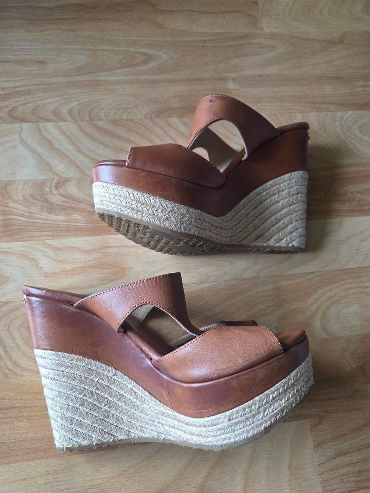Jimmy Choo Tan Leather Espadrille Wedge Sandals