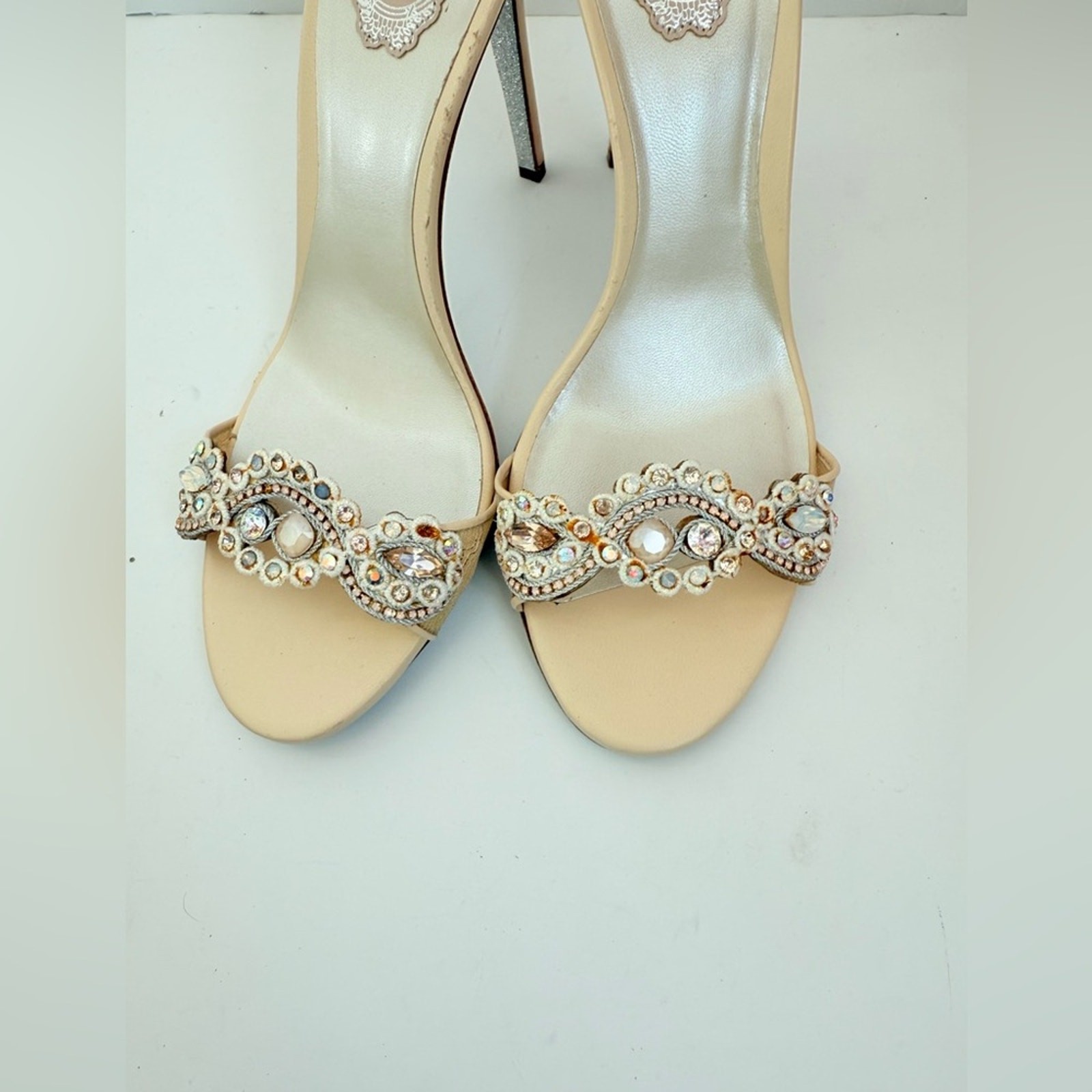Rene Caovilla Beige Multicolor crystal embellished Wrap around ankle heels 39.5