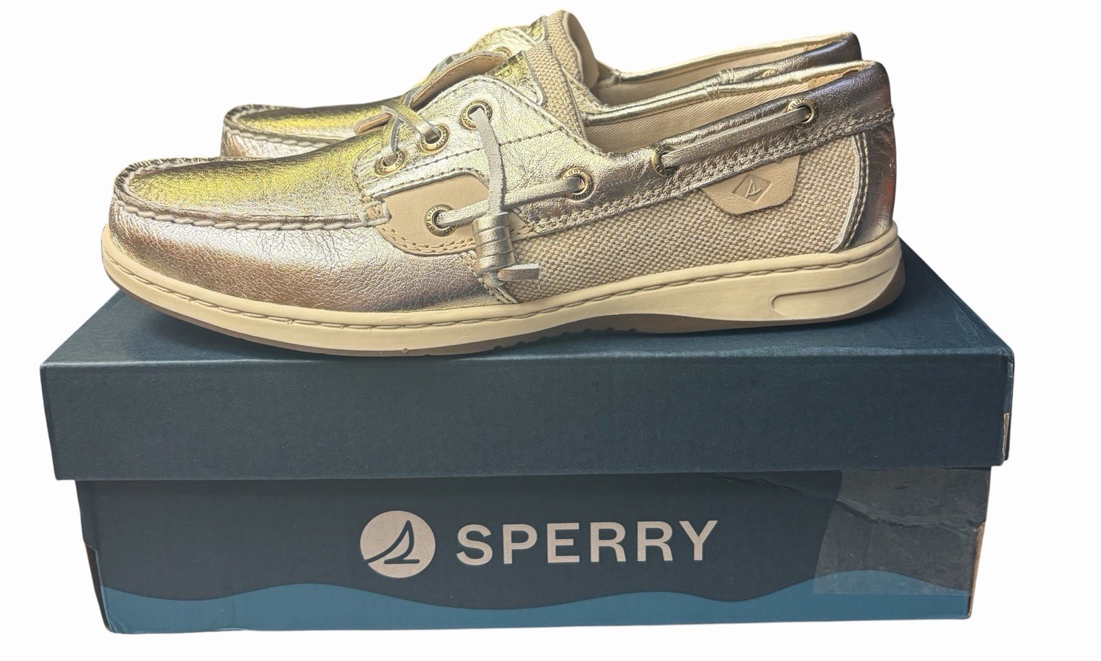 Sperry Women’s Rosefish Metallic Gold 3 Eye Slip On Boat Shoes Size 8.5 New