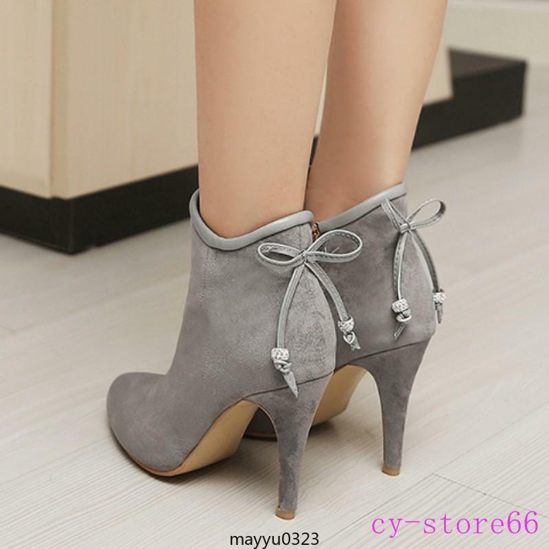 Women‘s Ankle Boots Bowtie High Stiletto Heel Pointy Toe Suede Shoes Plus Sz