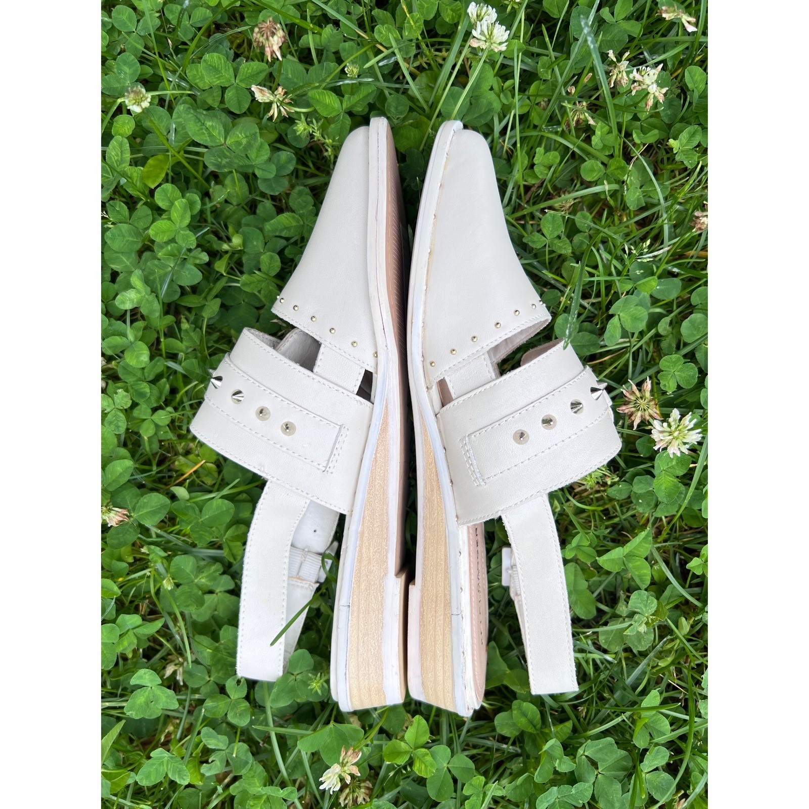 KELSI DAGGER Brooklyn Alex Studded Leather Slingback Low Wedge Flats Ivory 9 NWT