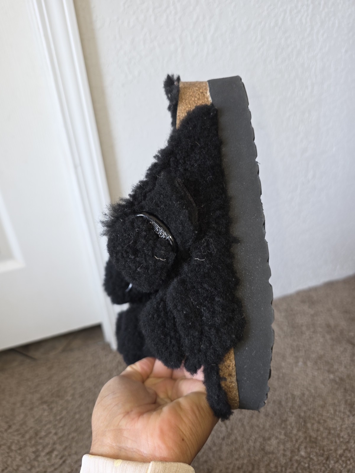 Birkenstock Papillio Arizona Teddy Shearling Fur Platform Sandals Black