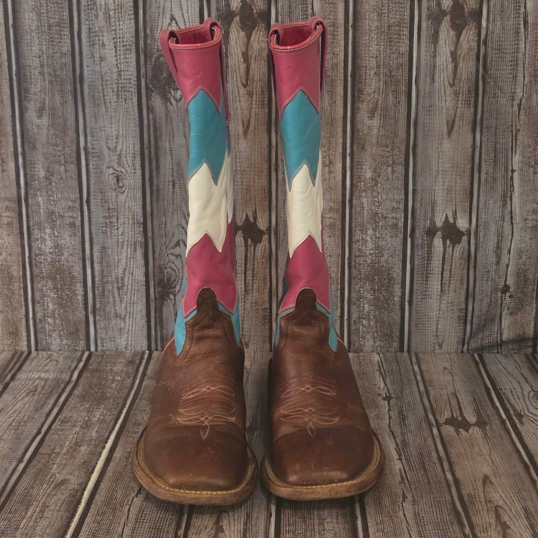 Sz 6.5 M Women’s Macie Bean Brown Pink Turquoise Chevron Western Cowboy Boots